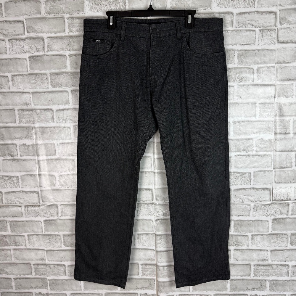 HUGO BOSS Maine Straight Leg Charcoal Herringbone 5 Pocket Pants Mens 36 x 34